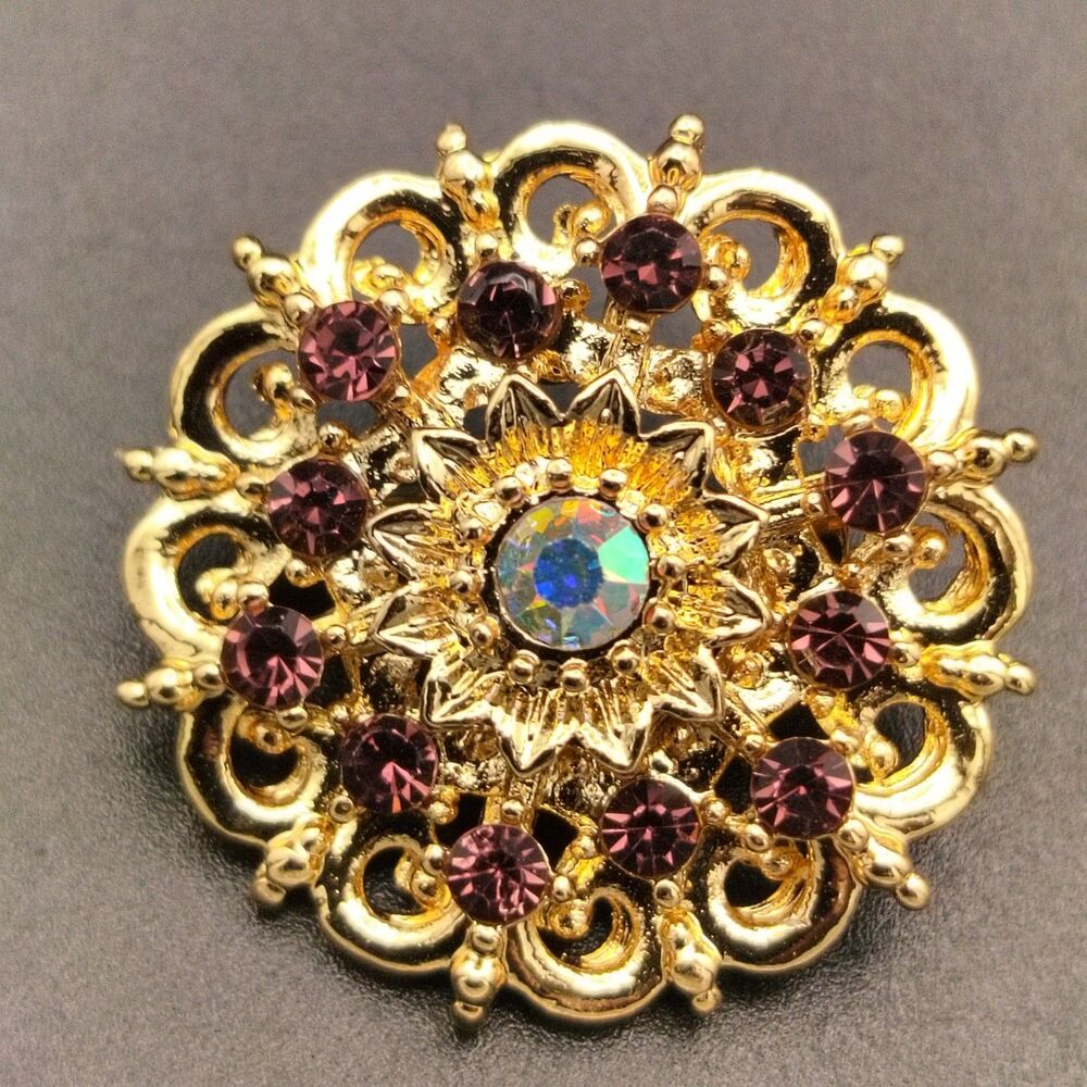 Vintage Style Gold Tone Amethyst Purple & AB Rhinestone Floral Brooch Pin - Picture 4 of 5